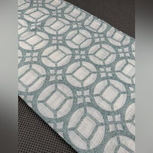 Four Curtain panels 84”L x 50”W light filtering, white + teal geometric pattern